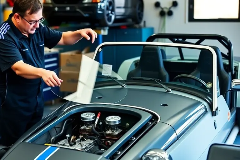 A mechanic in a garage replacing the windshield on a Caterham Seven 160 sports car, with a new clear glass panel being fitted, the car's front exposed, the engine visible, a workshop background, no text or numbers