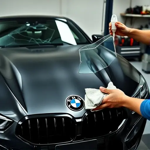 A detailed close-up of a BMW M8 G15 (4.4 V8, 625 hp) windshield replacement in progress. The image shows the car's front end with the old cracked glass removed, a new clear windshield being fitted, a mechanic's hands holding a suction cup and a cleaning rag, and automotive tools on a workbench. The background is a clean garage setting with subtle lighting, emphasizing the precision of the replacement process.