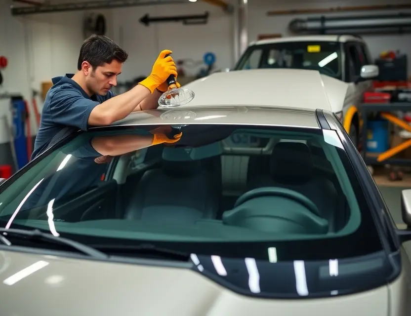 Замена лобового стекла MG A professional auto repair scene where a technician is carefully replacing the windshield of an MG car. The car is parked in a well-lit garage with various tools and equipment around. The technician is wearing safety gloves and using a suction cup to remove the old windshield. The new windshield is placed nearby, ready to be installed.