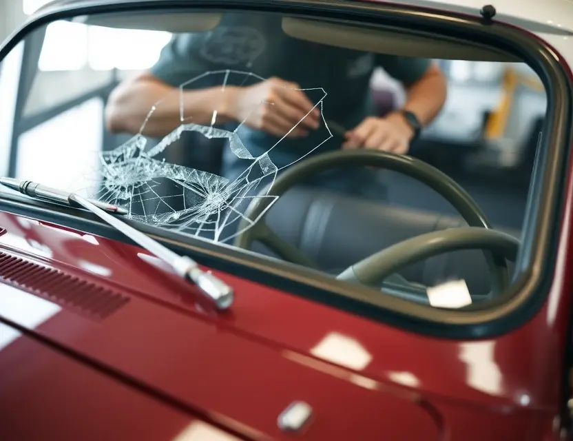 A close-up shot of an Austin Cambridge car with a cracked windshield, showing the process of a windshield replacement. A technician is working on the windshield, and tools are visible in the background. Focus on the replacement process and the car's exterior.