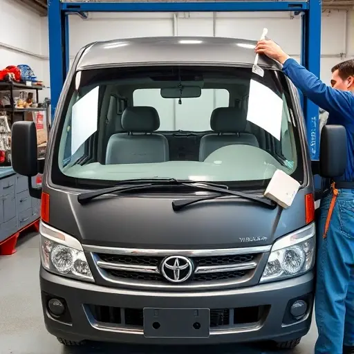 A mechanic in a workshop replacing the windshield of a 2007 BAW Yongshi 2.8L diesel 120 hp car. The image shows the front of the car with the old windshield removed, a new windshield being fitted, tools such as a suction cup, a windshield adhesive, and a safety harness. The setting is a clean garage with a workbench, a car lift, and a clear view of the windshield area. The focus is on the replacement process, with the mechanic’s hands and the windshield visible. No text or lettering in the image.