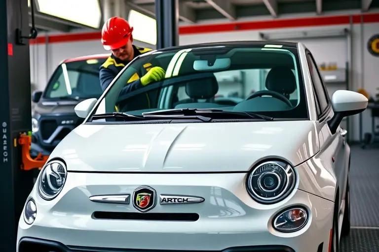 A sleek Abarth 695 1.4 T Jet 180 hp (2020‑present) parked in a modern auto repair garage, a professional mechanic in safety gear carefully removing the old windshield and installing a new clear windshield, focus on the car's front end and the glass replacement process, bright natural lighting, realistic details