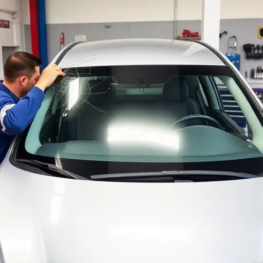 A mechanic replacing the windshield on a 2015 Aaglander Victoria car, showing the old cracked windshield removed and a new clear windshield being installed, with tools and a clean workshop environment