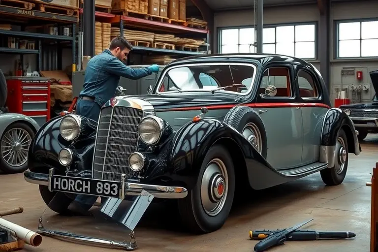 A vintage 1935-1939 Horch 853 5.0 L R8 100 hp car in a workshop, a mechanic in work over the car, replacing the windshield, with tools and a broken windshield on the ground, the car's classic chrome details visible, no text or numbers in the image