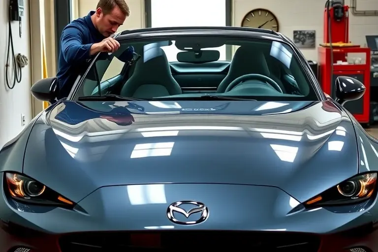 A mechanic in a garage replacing the windshield of a 2015 Mazda MX-5 2.0 Skyactiv G 184 hp, showing the car's front profile, the new windshield being installed, tools such as a suction cup and a glass cutter, and a clear view of the car's interior through the new glass