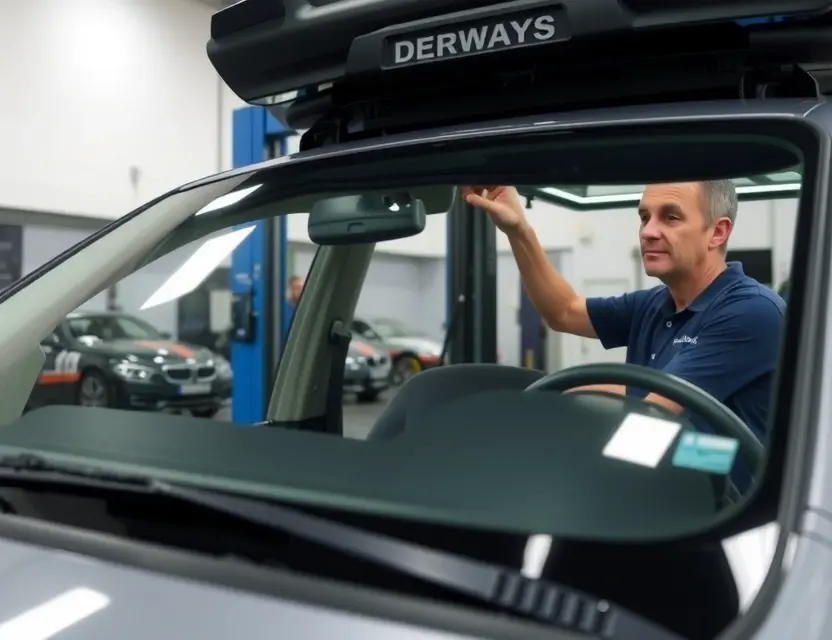 A Derways 3130 vehicle with a new windshield being installed by a professional technician in a clean, well-lit auto repair shop, showing the precise removal of the old windshield and placement of the new one, no text or labels visible