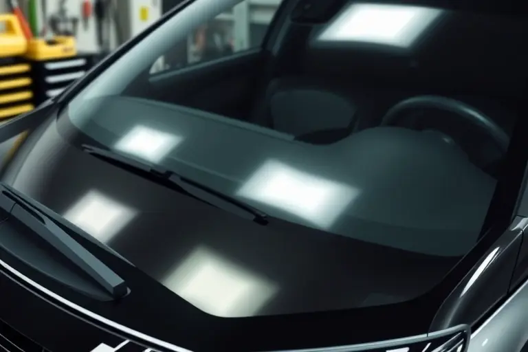 A detailed close-up of a Mitsubishi Eclipse Cross PHEV 2.4 with a newly installed windshield, showing the clear glass and the car's front design, in a workshop setting with a mechanic's tools in the background.