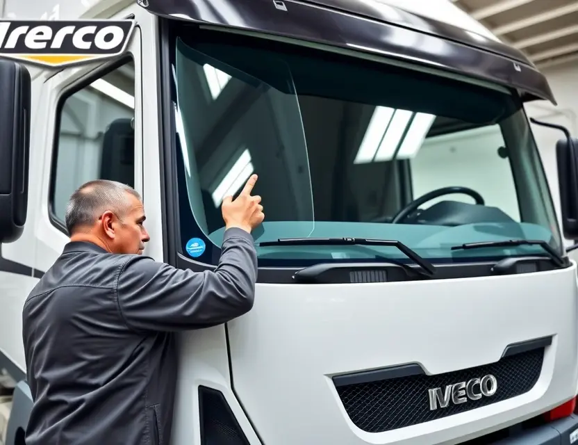 A high-quality image depicting a mechanic working on the windshield of an Iveco Massif truck. The truck should be parked in a garage or workshop setting. Focus on the windshield replacement process, showing tools and the replacement glass.