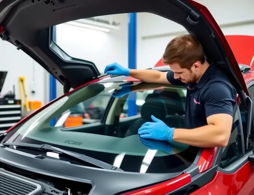 A professional technician replacing the windshield of an iCar 03 model. The scene should include the car with its hood open, the technician wearing safety gloves and using specialized tools to carefully remove the old windshield and install the new one. The setting should be a well-lit garage or service center with appropriate equipment and safety measures in place.