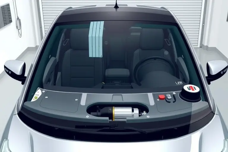 A detailed illustration of a Cupra Formentor PHEV 1.4 TSI with its windshield being replaced, showing the removal of the old glass, the new windshield being installed, and the electric motor exposed, in a clean garage setting, no text or lettering