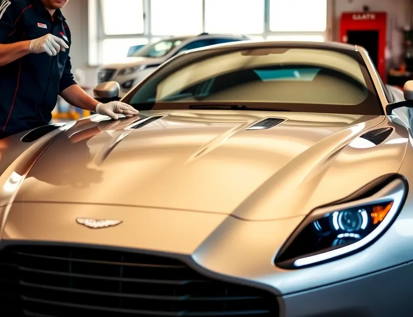 A high-quality close-up shot of a skilled technician carefully installing a new windshield onto a sleek Aston Martin DB11 in a professional auto glass workshop, focusing on the precision of the fitment and the car's elegant front grille and headlights, with soft studio lighting highlighting the vehicle's curves and the clarity of the new glass, no text or logos visible