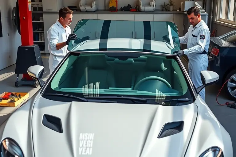 A high-resolution image of an Aston Martin Vanquish 5.9 L V12, 520 hp, parked in a professional auto-repair garage. A skilled mechanic in clean workwear is carefully removing the damaged windshield and holding a new crystal-clear windshield ready for installation. The scene shows the car's sleek body, the open front area, tools on a nearby tray, and bright natural lighting, emphasizing the precision of the replacement process.