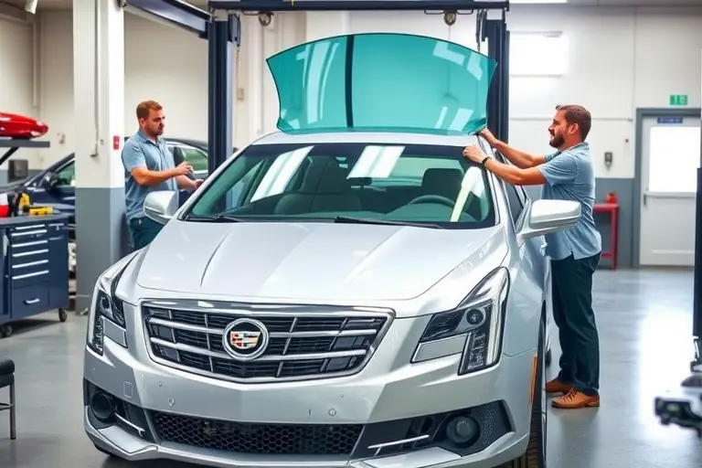 A professional mechanic in a clean, modern workshop replacing the windshield of a silver Cadillac XTS V Sport. The car is visible with the front windshield removed, and the technician is carefully installing a new glass sheet. The scene includes automotive tools and reflects a high-quality, realistic automotive service environment.