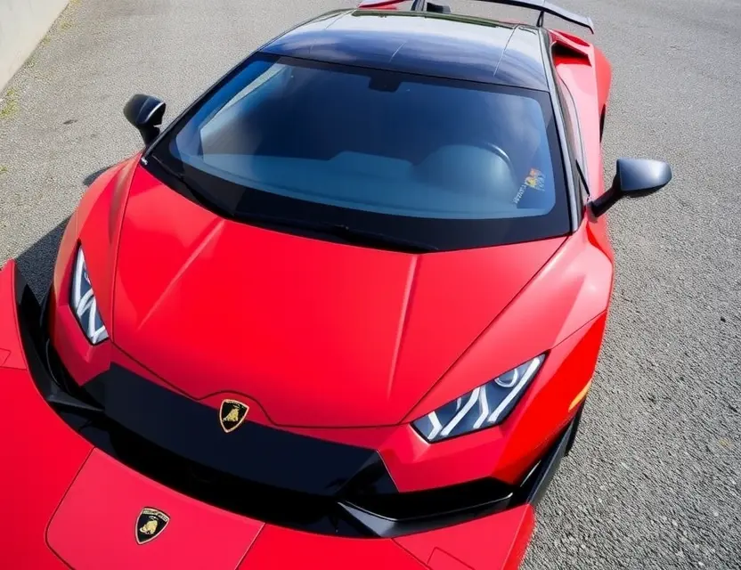 A Lamborghini Huracán with a replaced windshield, showcasing the new glass. The car is parked on a clean, bright asphalt surface. Focus on the clarity and quality of the replacement windshield.