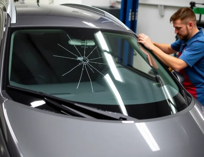 A Changan CS55 Plus with a cracked windshield being replaced by a mechanic. The car is parked on a service lift. Focus on the replacement process and the mechanic's tools.