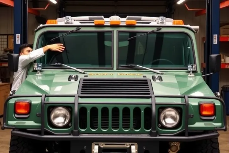 A 1995 Hummer H1 in a garage with a mechanic replacing its front windshield, showing the new windshield, tools, and the vehicle's front view