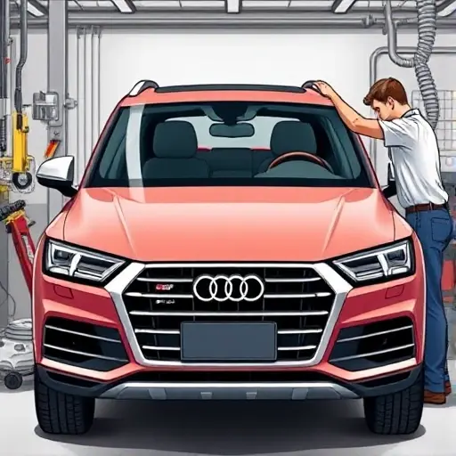 A detailed illustration of a mechanic replacing the windshield of an Audi Q5 3.0 V6 TDI 286 hp (2017–present) in a workshop. The scene shows the car's front, the old windshield removed, the new windshield being installed, with tools and safety equipment visible. The focus is on the replacement process, with realistic lighting and a clear view of the car's front.