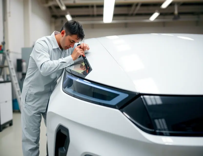 A modern electric car, specifically an Aion S, with a technician carefully replacing the front windshield using professional tools, clean workshop background, well-lit, high detail, no text or logos