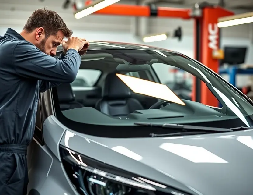 Замена лобового стекла Leapmotor T03 A detailed view of a professional technician replacing the windshield of a Leapmotor T03 car. The car should be in a well-lit garage or service center, with the technician using proper tools and safety equipment. The scene should include the old windshield being removed and the new one being installed, with attention to detail on the car's design and the technician's actions.