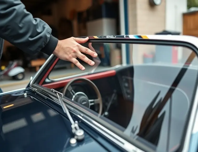 A close-up shot of an Austin-Healey 100/4 windshield being replaced by a mechanic. The car is parked outdoors, with a garage or workshop visible in the background. Focus on the mechanic's hands working on the windshield and the replacement glass.