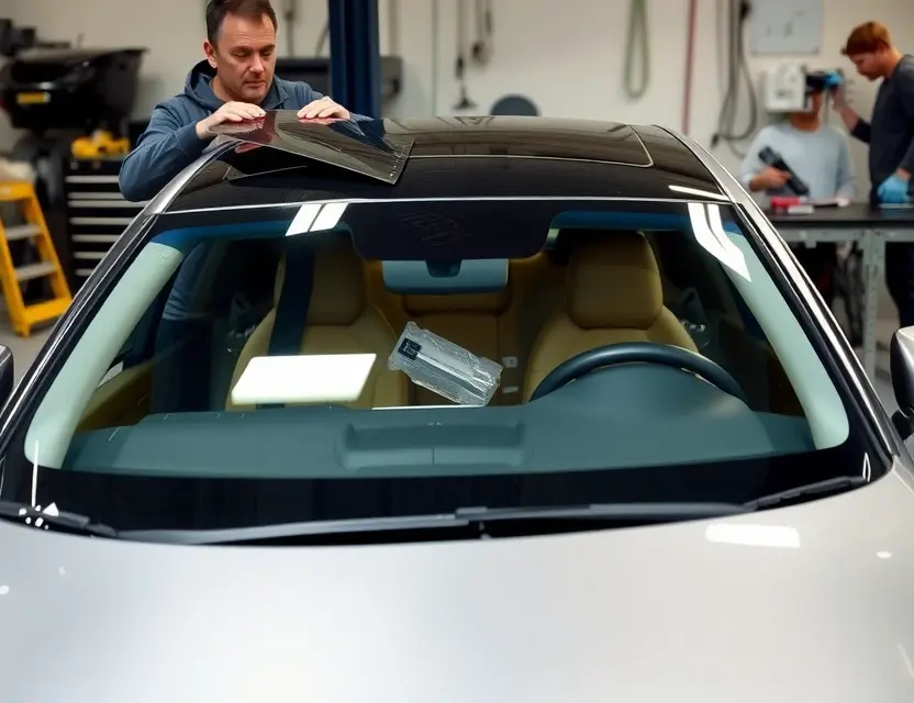 A high-quality image depicting the replacement of a windshield on a Genesis G90 sedan. The scene should show a mechanic working on the windshield, with tools and parts visible. The car should be parked in a garage or workshop setting. Focus on the process of windshield replacement, highlighting the technological aspects.