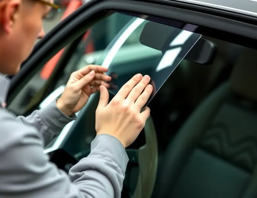 A close-up shot of a skilled technician carefully removing a windshield from an Aston Martin DBS. The focus should be on the technician's hands and the windshield removal process, highlighting precision and expertise. The background should show the interior of the car, subtly blurred.