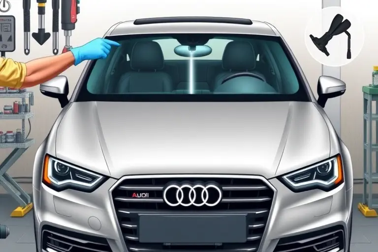 A realistic, high-detail illustration of a 2014 Audi A3 1.6 TDI (2012-2016) in a workshop setting, focusing on the front windshield being removed and a new windshield ready to be installed. Show a mechanic's gloved hands using suction cup tools to lift the glass, with surrounding automotive tools and a clean background. Emphasize the car's shape, the windshield frame, and the replacement process, without any text or branding beyond the Audi badge.