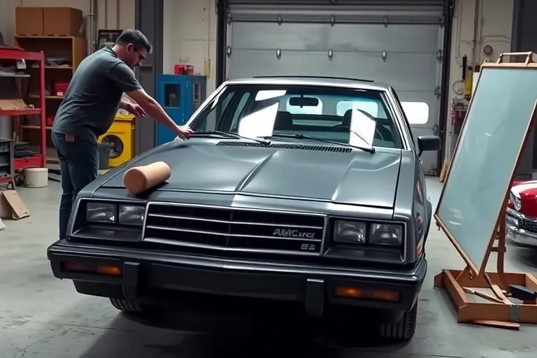 A detailed scene of an AMC Concord (1978-1983) in a garage, showing a mechanic carefully removing the old windshield and installing a new one. The car is centered, with the hood open, tools like suction cups, a rubber mallet, and a clean replacement windshield visible. The setting is realistic, well-lit, focusing on the car and the windshield replacement process, without any logos or text.