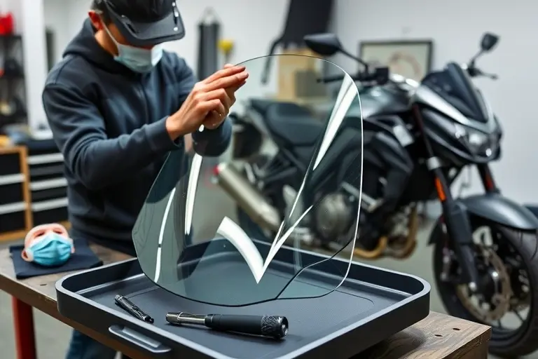 A mechanic in a garage is replacing the windshield of a Noble M600 motorcycle. The image shows a workbench with a tray holding a new windshield, a set of tools, a safety mask, and the motorcycle partially disassembled. The background is a clean, well-lit garage. The focus is on the windshield and the mechanic's hands.