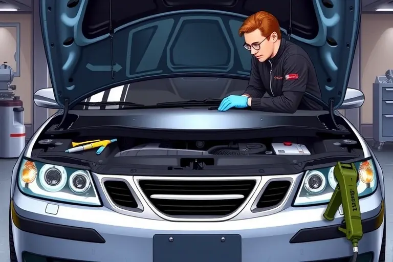 A detailed illustration of a Saab 9-3 Aero 2005 with its hood open, showing a mechanic carefully replacing the windshield. The scene includes the car's front frame, the new glass panel, and tools such as a suction cup, a glass cutter, and a sealant gun. The background is a garage setting with subtle lighting highlighting the car's chrome and the replacement process.
