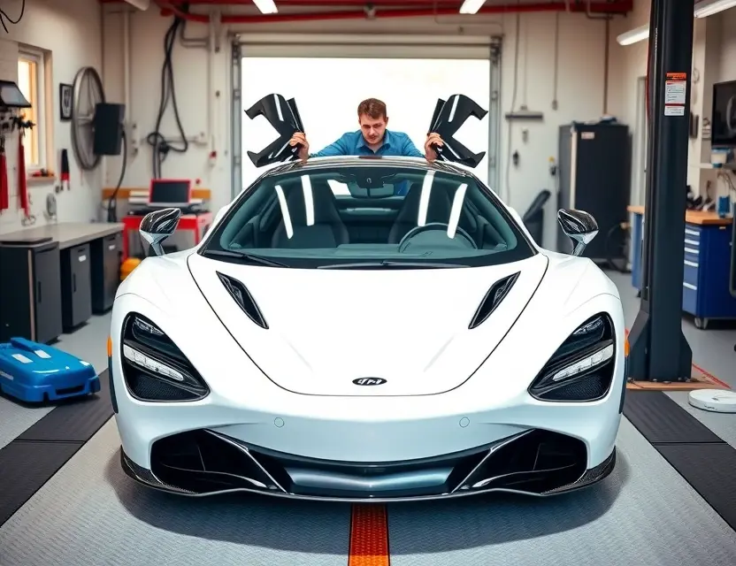 A professional auto repair shop with a McLaren 720S in the center, the front windshield being replaced by a technician. The car should be in a well-lit, clean environment with all necessary tools and equipment around. The technician should be wearing appropriate safety gear.
