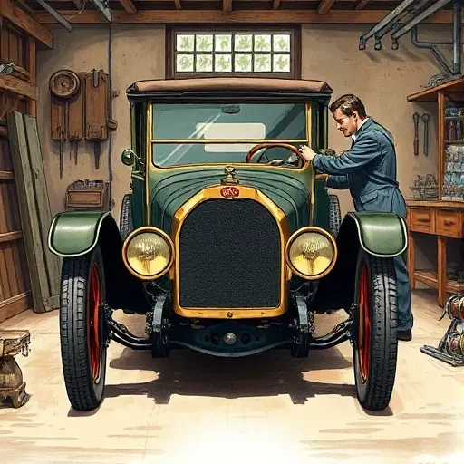 A detailed illustration of a 1919 Brennabor Typ A automobile in a classic workshop, showing the front of the car with the windshield removed and a new glass being installed by a mechanic in period clothing, surrounded by vintage tools and a wooden workbench, realistic lighting and high detail