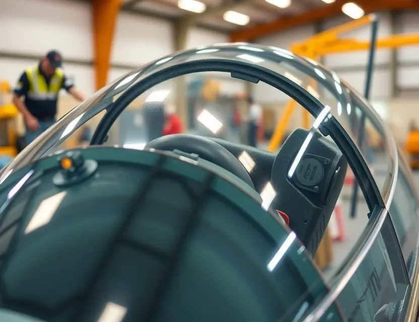 A close-up shot of a Bristol Fighter Turb airplane's windshield being replaced. The windshield should be in the process of being removed, revealing the underlying frame. Focus on the mechanics of the replacement, with tools and technicians visible in the background. The lighting should be bright and professional, highlighting the details of the windshield and the replacement process.