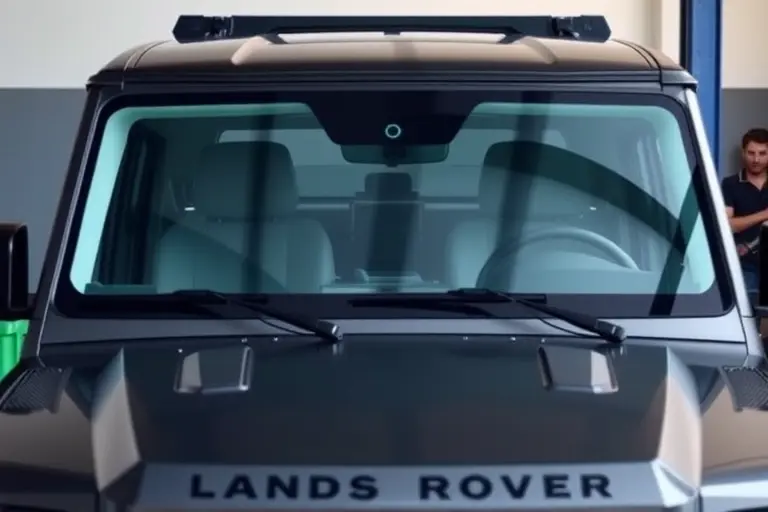 A Land Rover Defender 3.0 MHEV I6 400 hp with a newly installed windshield, showing the front of the vehicle in a workshop setting, the windshield clear and reflective, the vehicle’s distinctive design visible, a mechanic in the background holding tools, no text or logos in the image