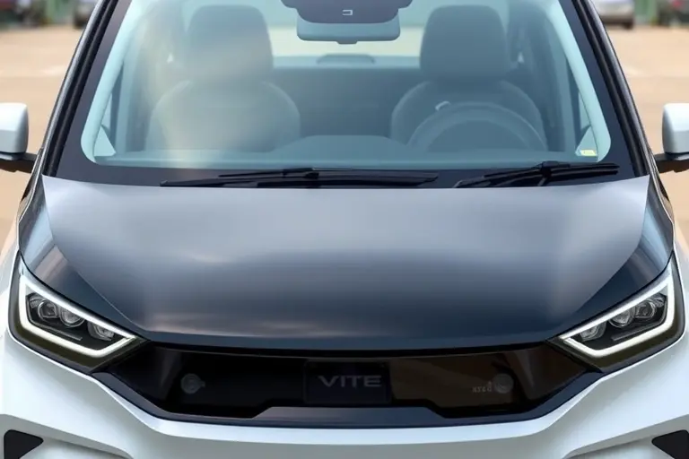 A sleek, modern electric car model Ji Yue 01 with a newly installed windshield. The image should focus on the front of the car, showing the clear, glossy glass of the new windshield reflecting light, with subtle reflections of the car’s body and surrounding environment. The car’s front bumper, grille, and headlights should be visible, but no other vehicles or people should be present. The background should be a neutral, softly blurred outdoor setting to keep the focus on the windshield and car design.