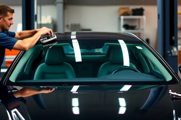 A detailed workshop scene showing a mechanic installing a new windshield on a 2017 Lexus LS 3.5 V6 Hybrid. The focus is on the clear, high‑definition glass being fitted into the car’s front frame, with tools and the car’s interior visible. The setting should be a clean, well‑lit automotive repair bay, emphasizing the precision of the replacement process.