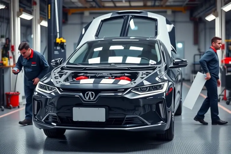 A modern BYD Han DM i electric sedan in a professional auto workshop, with a technician carefully removing the front windshield and another technician handling a high-performance 400 hp electric motor, realistic lighting and detailed car body, no visible text or branding