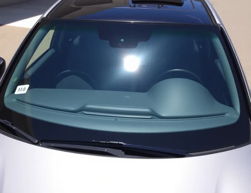 A GAC Trumpchi M8 car with a replaced windshield, showcasing the new glass. The car is parked outdoors on a sunny day. Focus on the clarity and quality of the replacement windshield.
