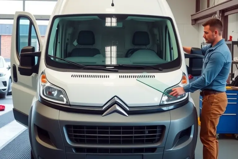 A mechanic in a garage is replacing the windshield of a 2016 Citroën Jumpy 2.0 BlueHDi 95 hp van. The scene shows the van's front end with the old windshield removed, a new windshield being held in the mechanic's hands, tools and a workbench in the background. The van's interior is partially visible through the open door, and the garage has a clean, well-lit environment.