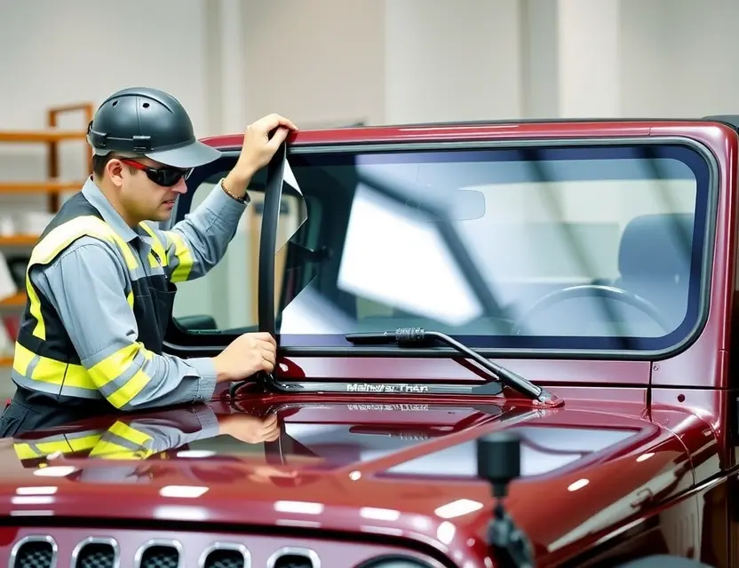 A detailed view of a professional technician replacing the windshield of a Mahindra Thar vehicle. The scene should include the technician wearing safety gear, the old windshield being carefully removed, and the new windshield being prepared for installation. The Mahindra Thar should be clearly visible with its distinctive design elements.