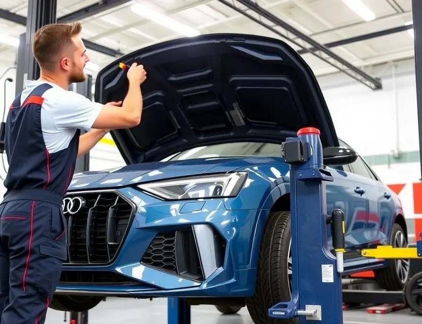 A mechanic is carefully removing a windshield from an Audi RS Q8 in a well-lit auto repair shop. The car is raised on a lift, and the focus is on the windshield removal process. Tools like suction cups and specialized removal tools are visible.