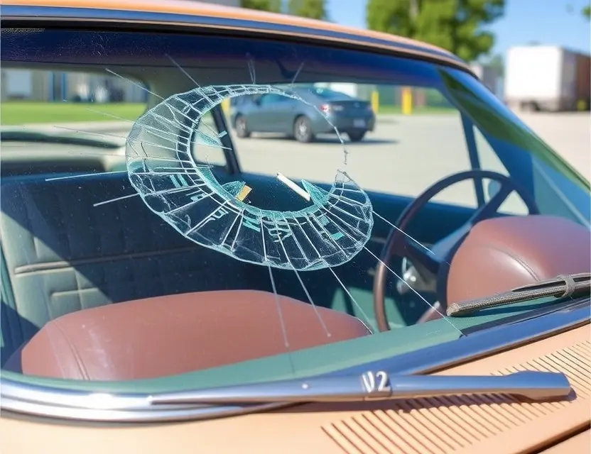 A close-up shot of an Edsel Citation with a cracked windshield, showing the area where the glass needs replacement. The car is parked outdoors on a sunny day. Focus on the damaged windshield.