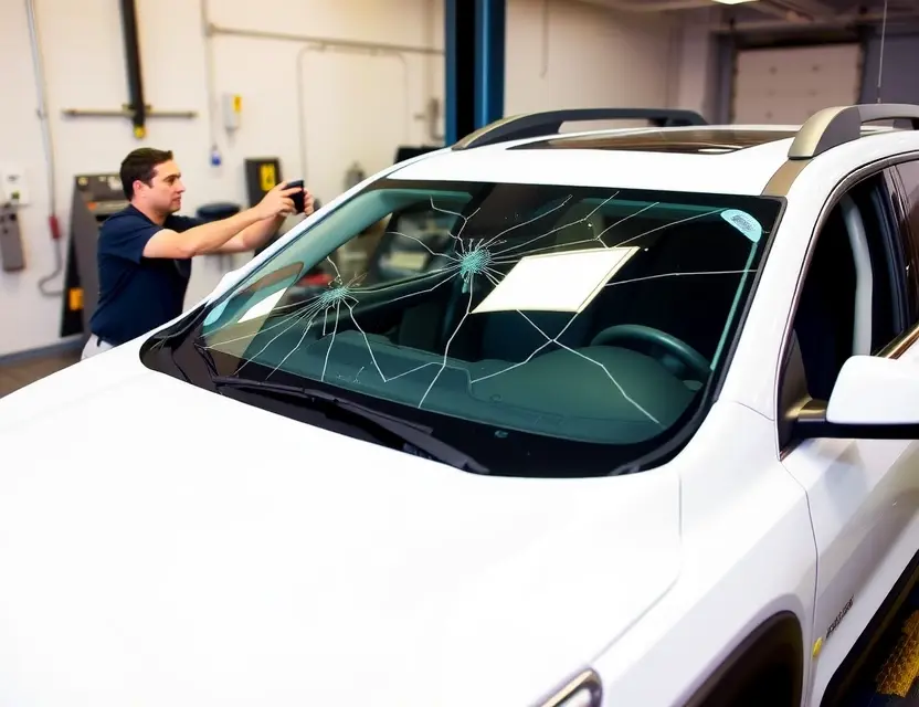 A GMC Acadia with a cracked windshield being replaced by a technician. The vehicle is parked on a service lift in a garage. Focus on the replacement process and the technician's tools.