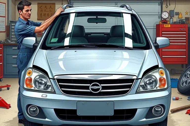 A detailed illustration of a mechanic replacing the windshield of a 2006 ChangFeng Liebao CS6 2.4L 125hp car. The scene shows the car's front, the old windshield partially removed, a new windshield being fitted, with tools and safety gear visible. The background is a garage setting with a workbench, a car jack, and a toolbox. The focus is on the car's front and the windshield replacement process, with realistic lighting and depth.