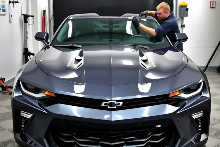 A detailed scene of a mechanic replacing the windshield of a 2016 Chevrolet Camaro SS 6.2 V8 455 hp, showing the car's front in a garage, with the old windshield removed and a new one being installed, tools like suction cups and a windshield removal kit visible, the car's hood slightly open, the mechanic wearing gloves and a protective mask, the workspace clean and organized.