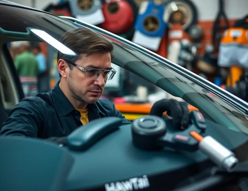A close-up shot of a Hawtai car windshield being replaced by a mechanic. The mechanic is wearing a safety glasses and gloves, and is using specialized tools. The background is a workshop with various automotive parts and equipment. Focus on the replacement process and the tools used.