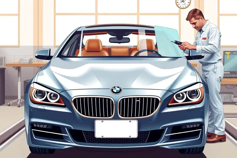 A high‑detail illustration of a luxury Alpina B7 (2011 model) parked in a professional auto glass workshop. The focus is on the front of the car with the windshield removed, showing the car's interior and frame. A skilled mechanic in a clean uniform is using specialized tools to install a new windshield, with a glass panel positioned nearby on a workbench. The scene is well‑lit, emphasizing the sleek lines of the car, the precision of the replacement process, and the high‑quality materials. No other vehicles or unrelated objects are present.