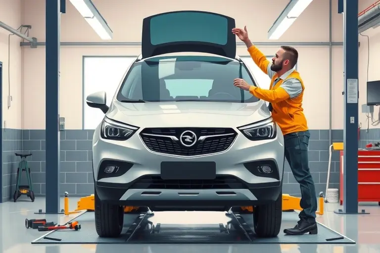 A realistic illustration of a mechanic replacing the windshield on a 2020 Opel Mokka e electric car. The scene shows the car on a lift in a clean automotive repair shop, with the mechanic in protective gear holding a new windshield, tools scattered neatly, and a clear view of the car's front. The lighting is bright and even, highlighting the glass and metal surfaces.