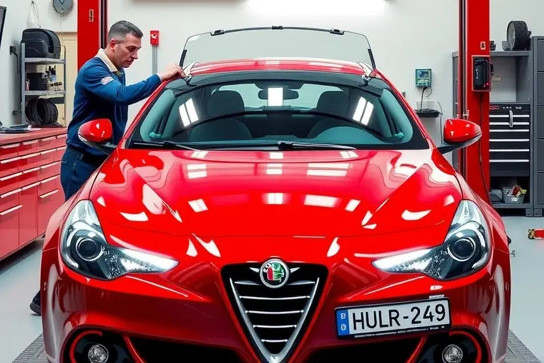 A realistic scene of an Alfa Romeo Giulietta 1.75 TBi 235 hp parked in a professional auto workshop, with a skilled mechanic carefully removing the old windshield and installing a new one. The focus is on the car's front, showing the sleek design of the Giulietta and the transparent new windshield being positioned. The workshop background includes tools, a lift, and a clean, well-lit environment, emphasizing the precision of the windshield replacement process.