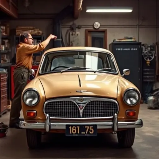 A classic 1960s Wolseley Hornet (0.8 L, 34 hp) parked in a vintage garage, a mechanic in period‑appropriate clothing carefully removing the old windshield and installing a new one, with period tools and a detailed view of the car's front and glass, realistic lighting focusing on the replacement process.